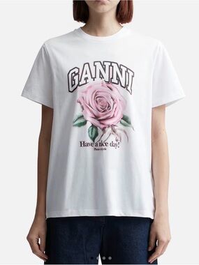 GANNI white t-shirt basic rose print size Small